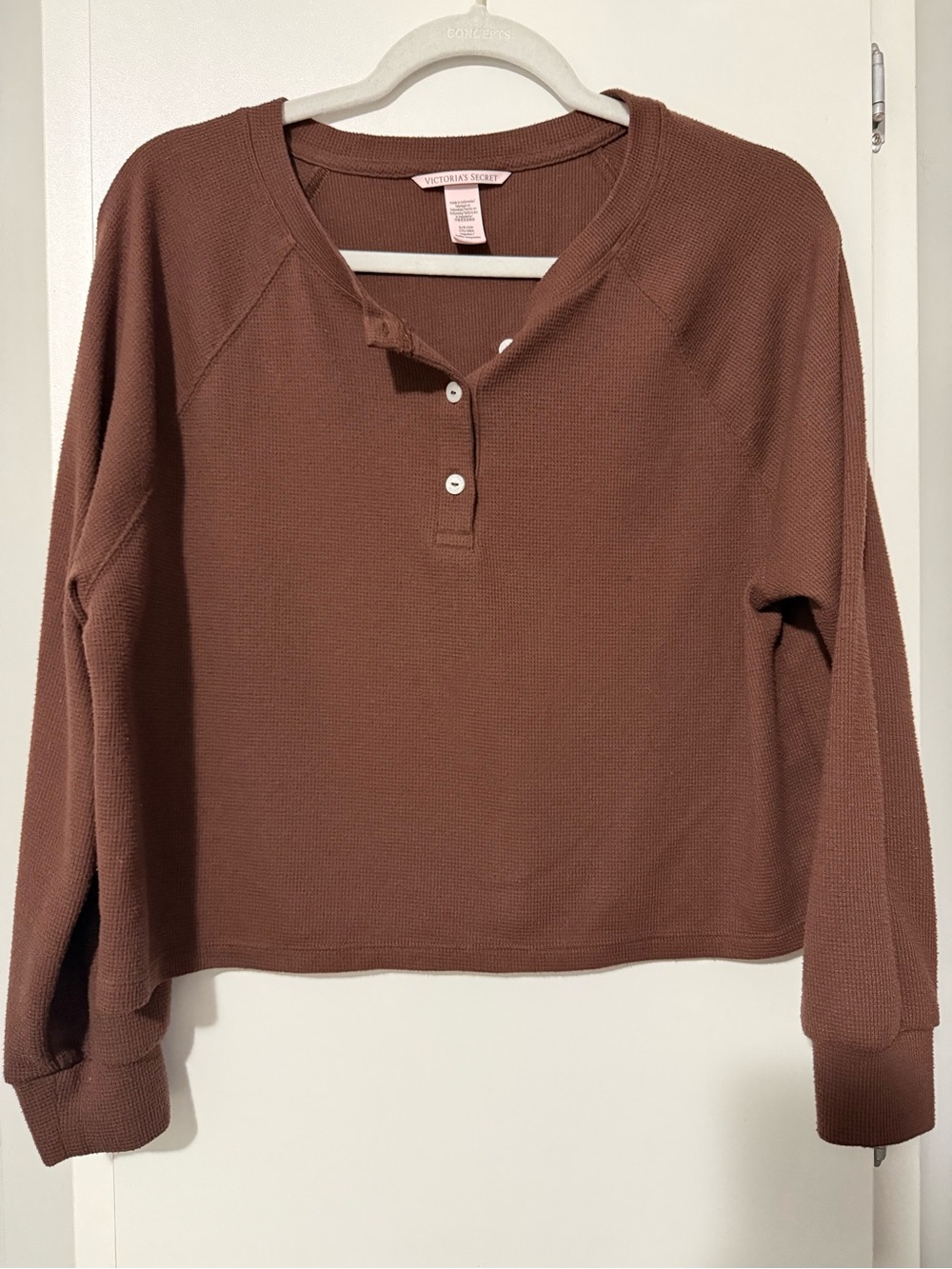94. Victoria's Secret Chocolate Brown Waffle-Knit Henley Long Sleeve Set Small